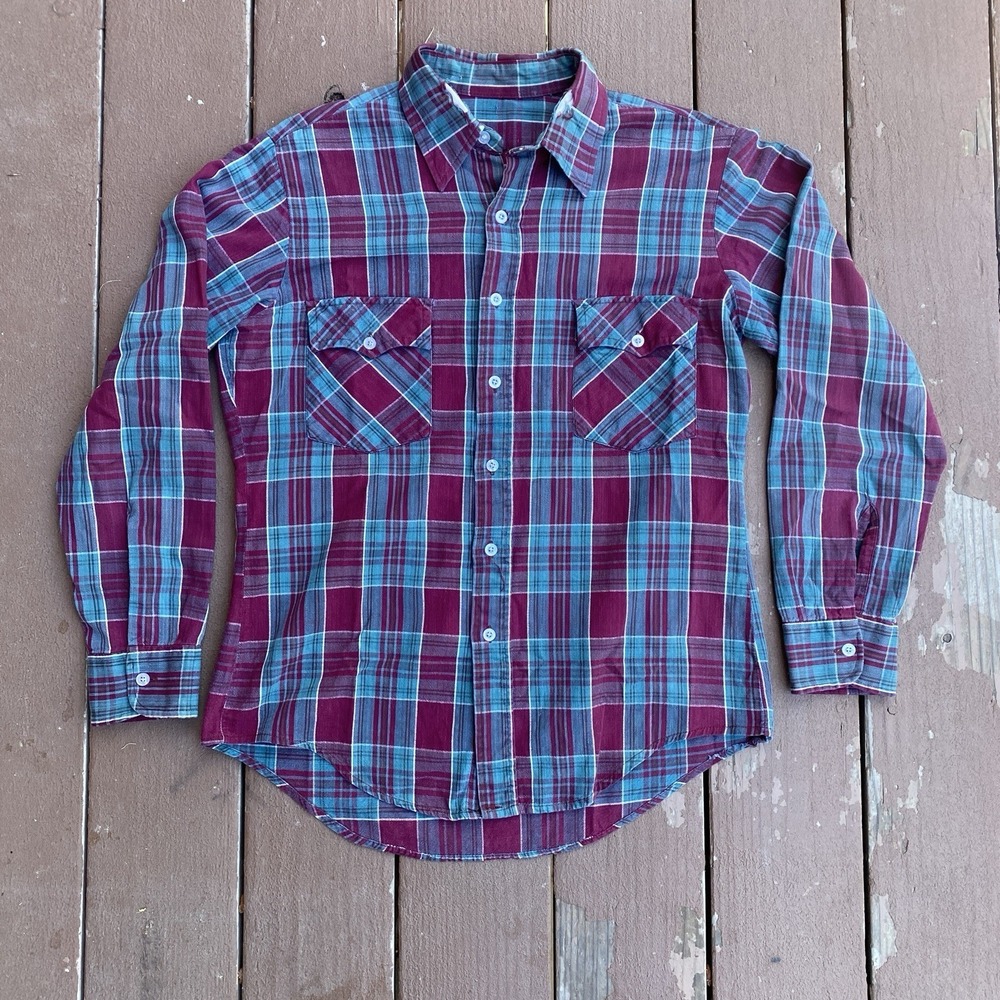 Vintage 70s Cotton Flannel Distressed Medium Maroon Green Plaid Button Up